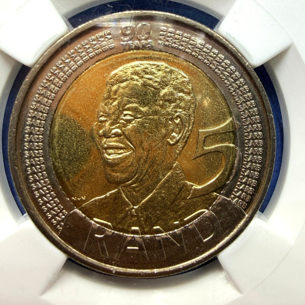 2008 South Africa 5 Rand Nelson Mandela 90th Birthday NGC MS65 Mandela Label
