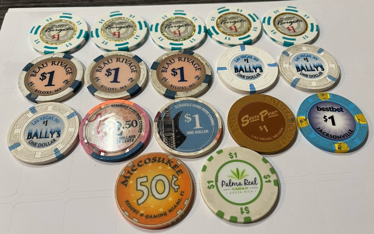Lot of 17 Casino Chips Las Vegas Atlantic City Biloxi Florida Costa Rica