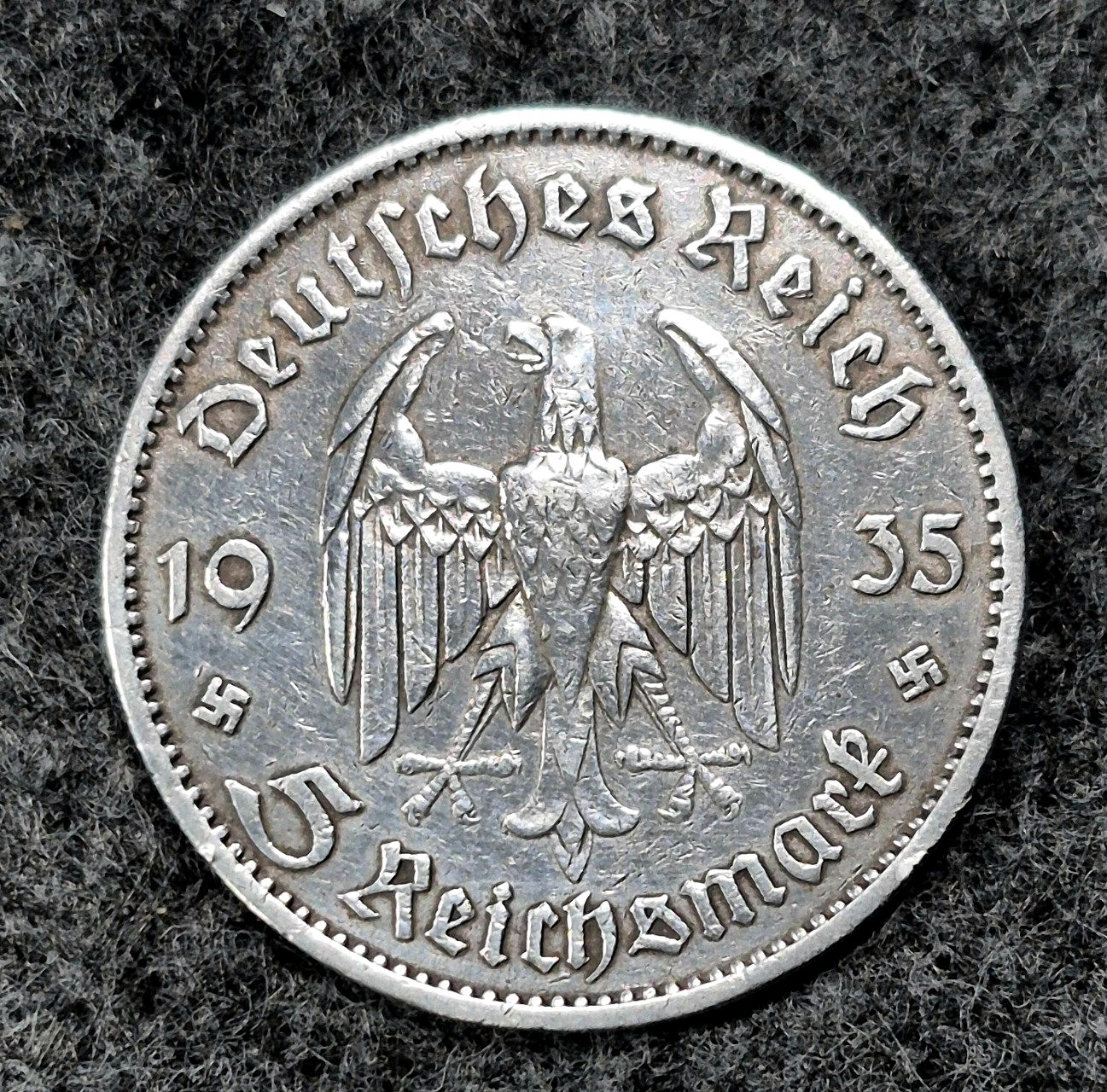 1935-A Germany Historic Third Reich 5 Reichsmark .90 Silver Lettered Edge