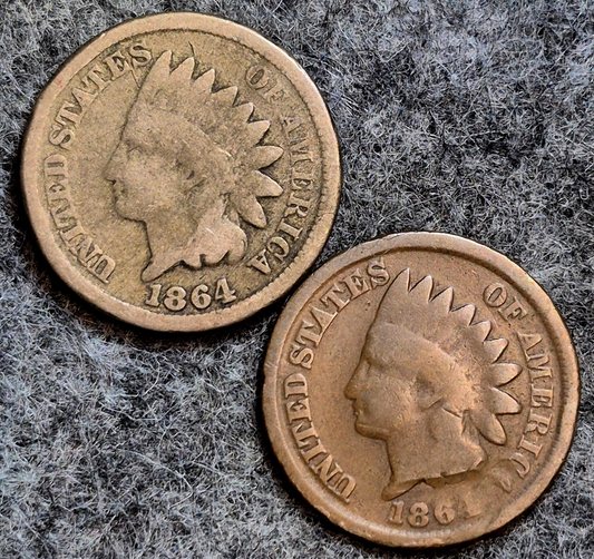 (2) 1864 Indian Head Cents Both G+ Features (1) Type II (1) Type III Coins Shown