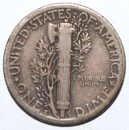 1918-S Mercury 90% SILVER Dime G-VG+ (Good -V Good) Average Circulated Condition
