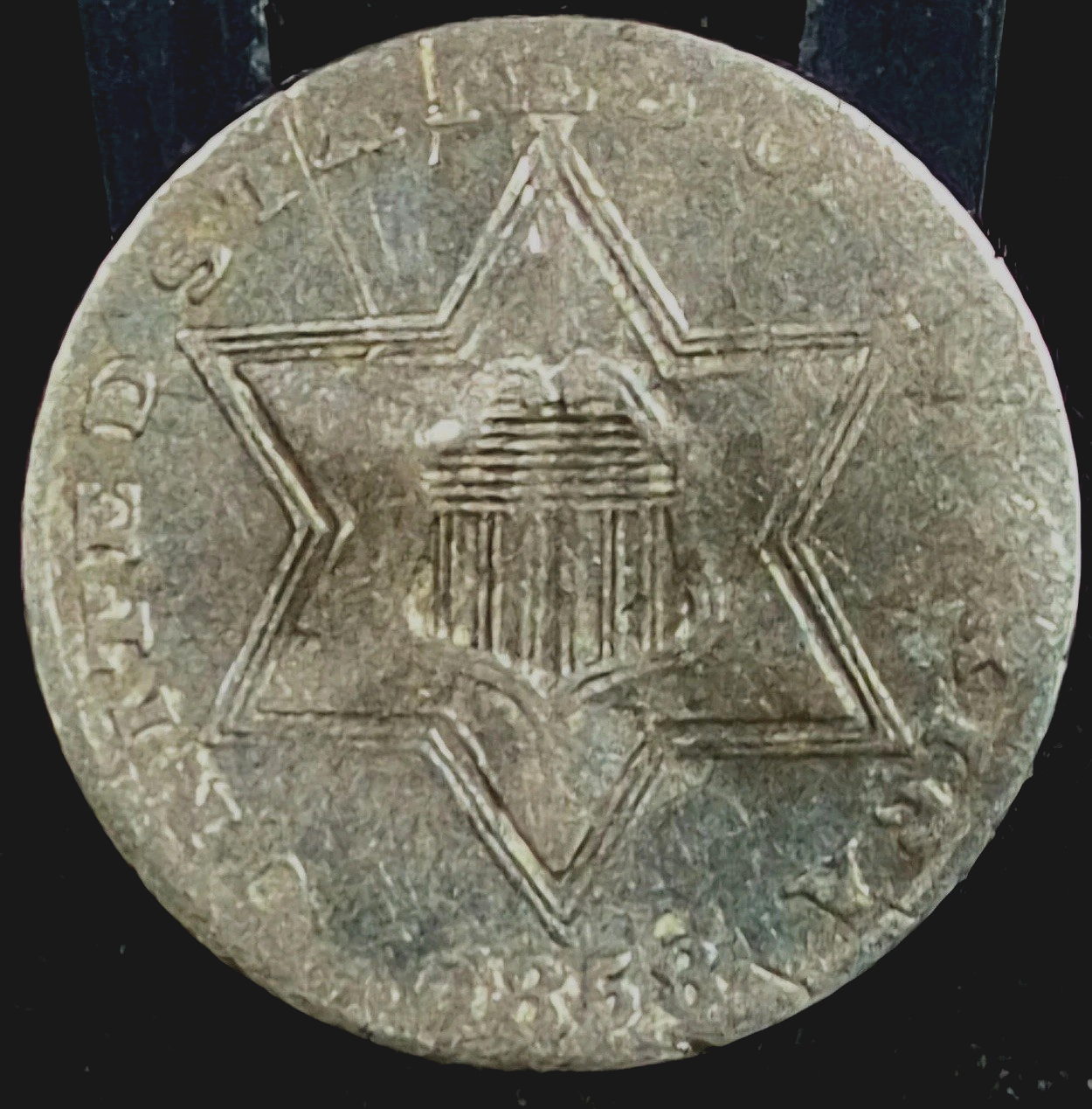 1858 3 Cent 90% Silver Trime, VG-Fine Features Type 2 (Double Border on Star) 3C