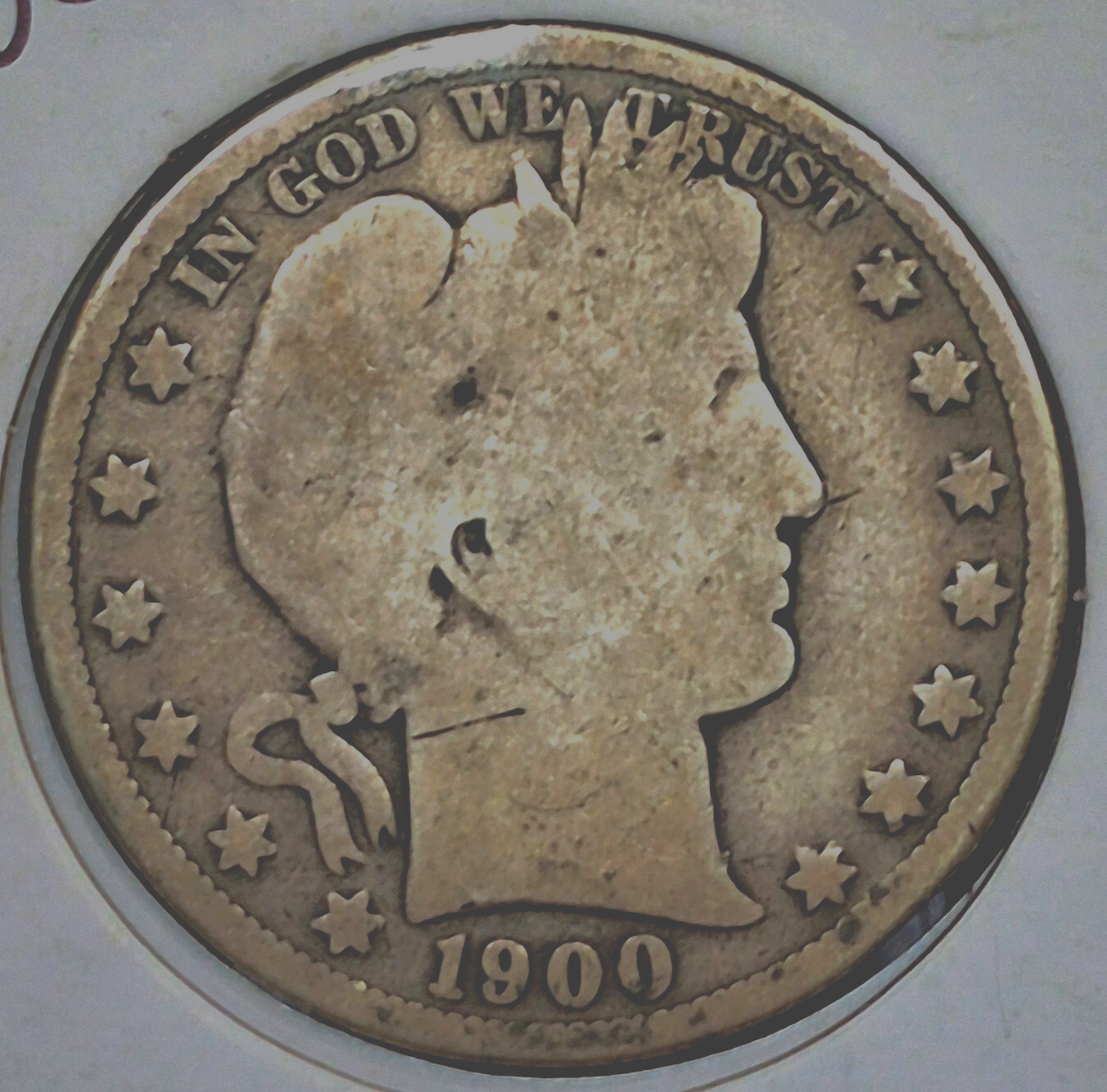 1900 Barber Half Dollar 90% Silver Good Features Full Rims Partial Motto 50C