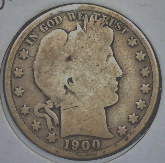 1900 Barber Half Dollar 90% Silver Good Features Full Rims Partial Motto 50C
