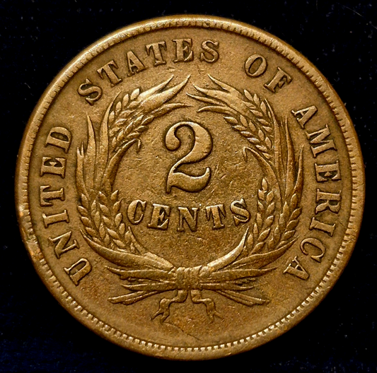 1864 2 Cent Piece Bold XF+ Features, Partial "We" Large Motto, Broadstrike Error
