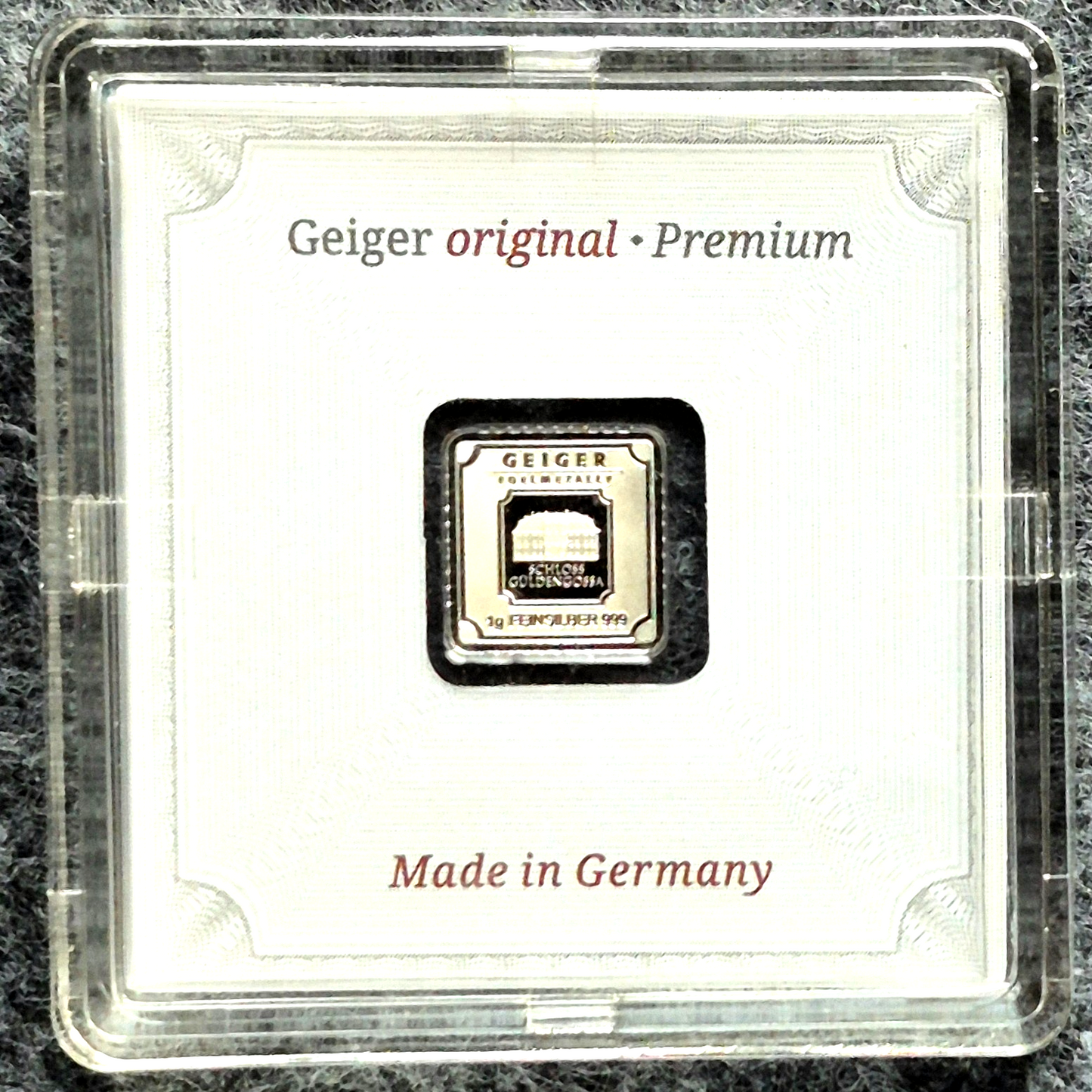 Geiger Original Premium 1 Gram Silver Bar .999 Fine Ag In Assay Case Germany