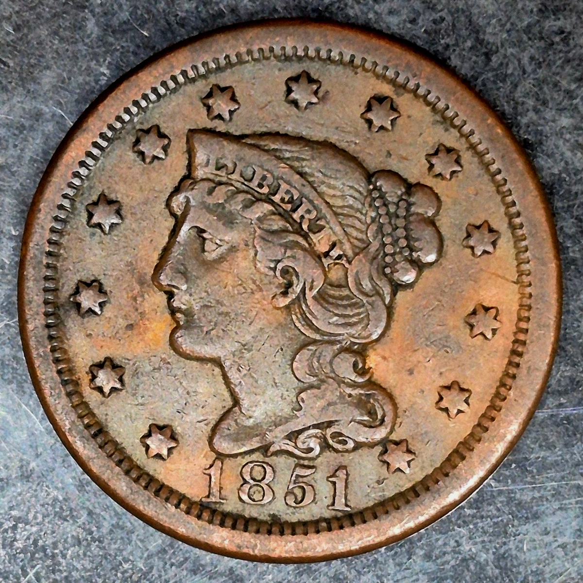 1851 Braided Hair Large Cent XF Extremely Fine N-1 R3 Variety 1C Copper US Coin