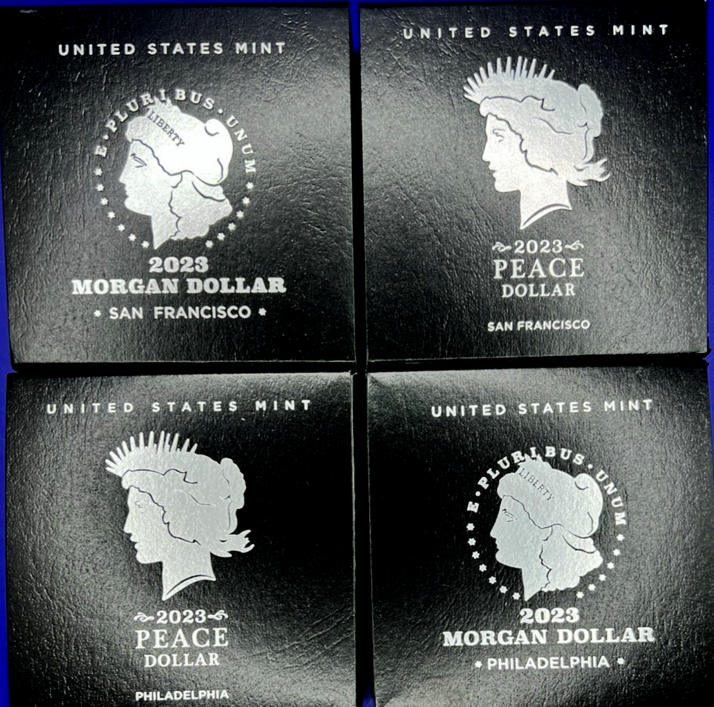 {4 Coin Set}  2023 Morgan & Peace Silver Dollars  Unc & Proof OGP BOX COA .9999