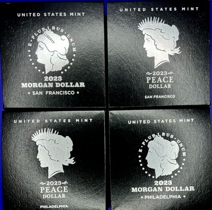{4 Coin Set}  2023 Morgan & Peace Silver Dollars  Unc & Proof OGP BOX COA .9999