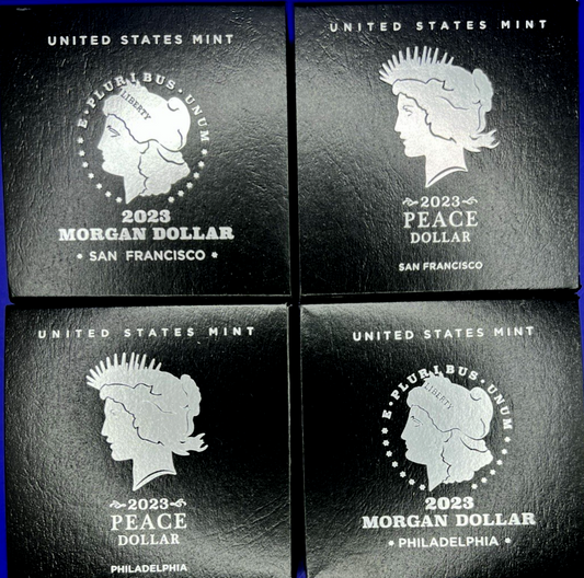 {4 Coin Set}  2023 Morgan & Peace Silver Dollars  Unc & Proof OGP BOX COA .9999