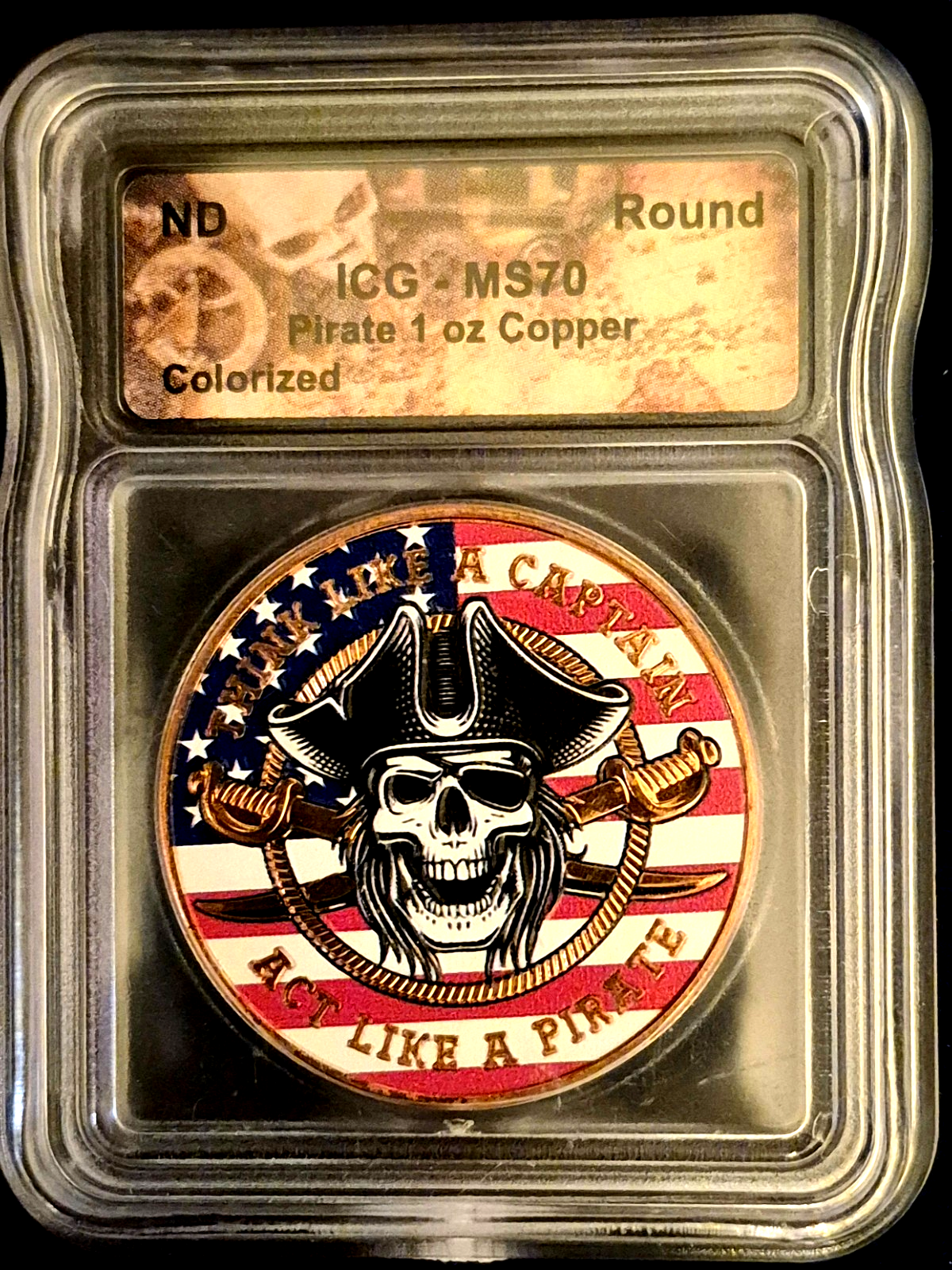 ICG MS70 Pirate 1oz Copper Colorized Medal Peace Love Hayleybug Colorized Copper