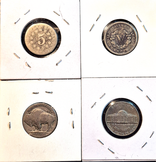 Lot of (4) Nickels, Sheild, V, Buffalo, Jefferson, 160 Years of History 5C