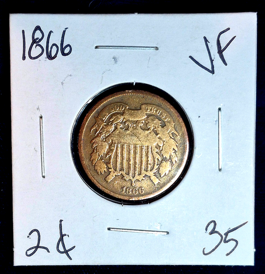 1866 2 Cent Piece Very Fine Features, First Coin With Motto "In God We Trust" 2C