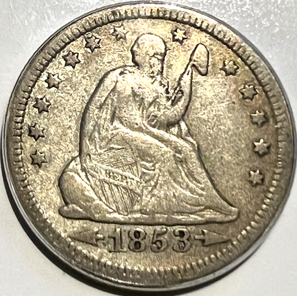 ⭐️ 1853 Arrows and Rays Seated Liberty Quarter VF+ Features Coin 90% Silver 25C