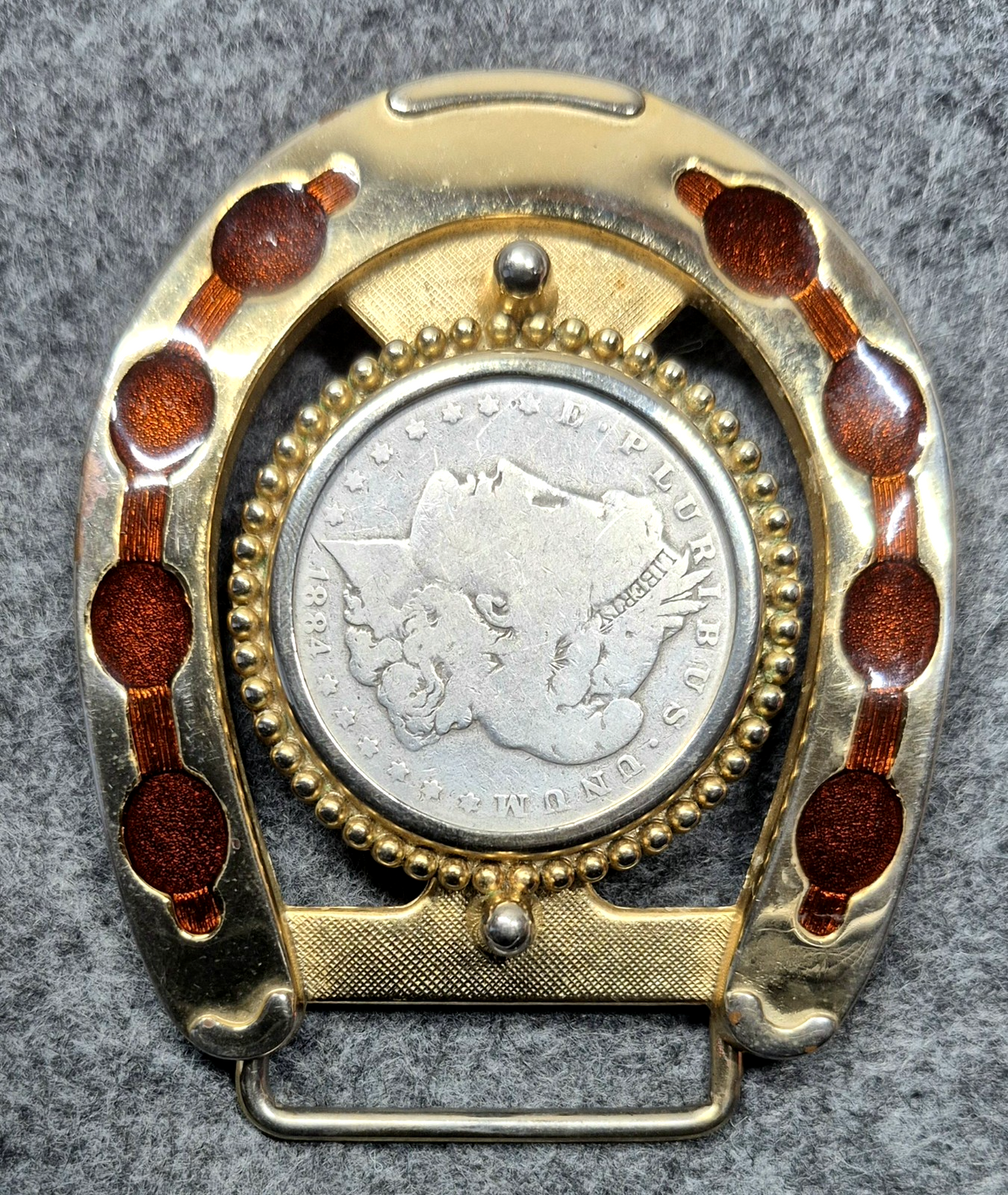 1884 Morgan Silver Dollar Horseshoe Belt Buckle Vintage Western Gold Tone VG