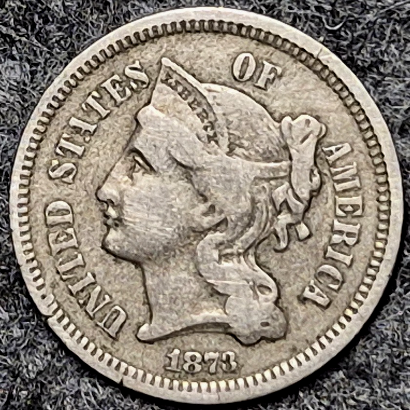 1873 Three Cent Nickel Closed 3 XF Extremely Fine Raw US 3C Coin