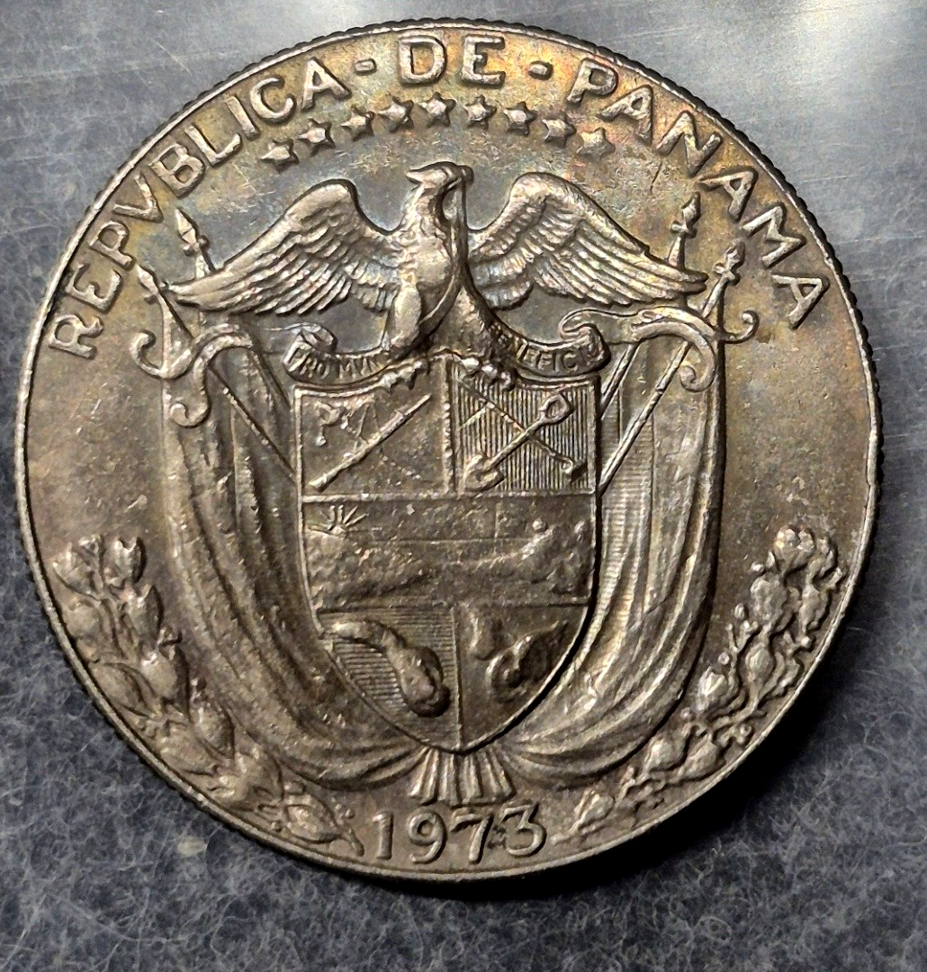1973 Panama Medio Balboa 1/2 Balboa KM12b Vasco Nunez de Balboa Rainbow Toned XF