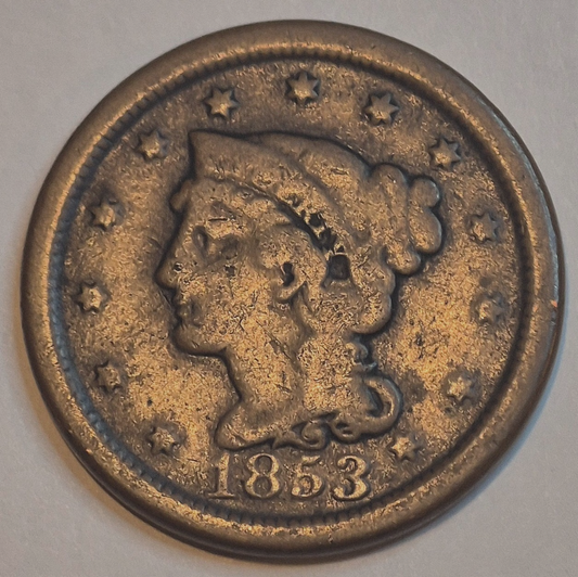 1853 1C BN Braided Hair Cent VG+ Features Variant N28 Rarity 3+ GSID 1168