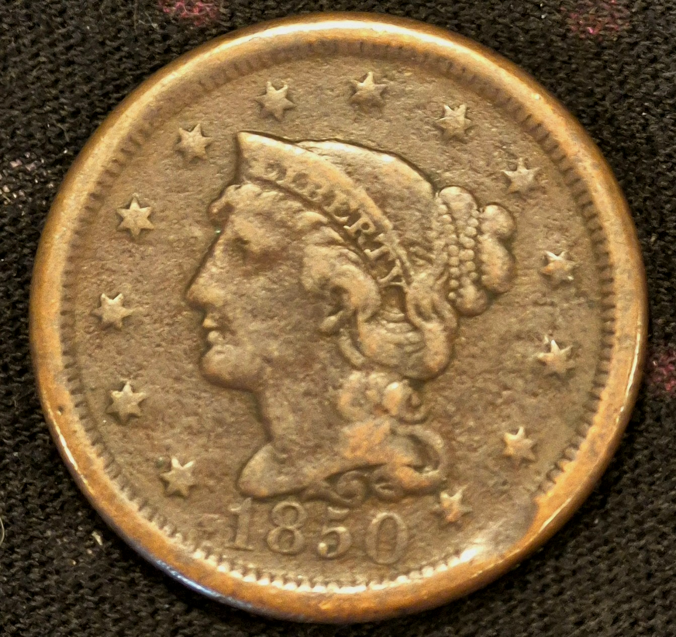 1850 Braided Hair Large Cent N20 R5 GSID 1150 Strong VF Features