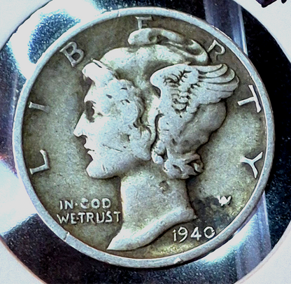 1940-S Mark Mercury 90% Silver Dime VF+ Features, FS 501 RPM Re-punched Mint 10C
