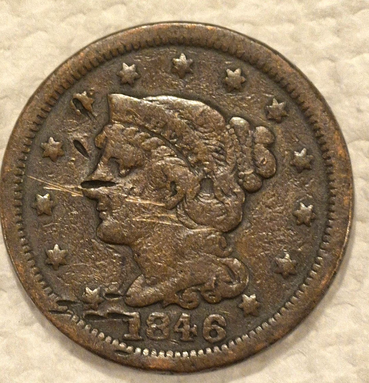 1846 N-17 R-3 Braided Hair Large Cent Coin VG Features Small Date 1C