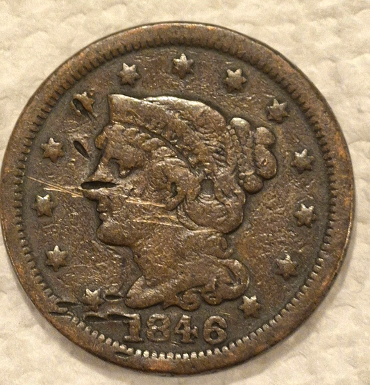 1846 N-17 R-3 Braided Hair Large Cent Coin VG Features Small Date 1C