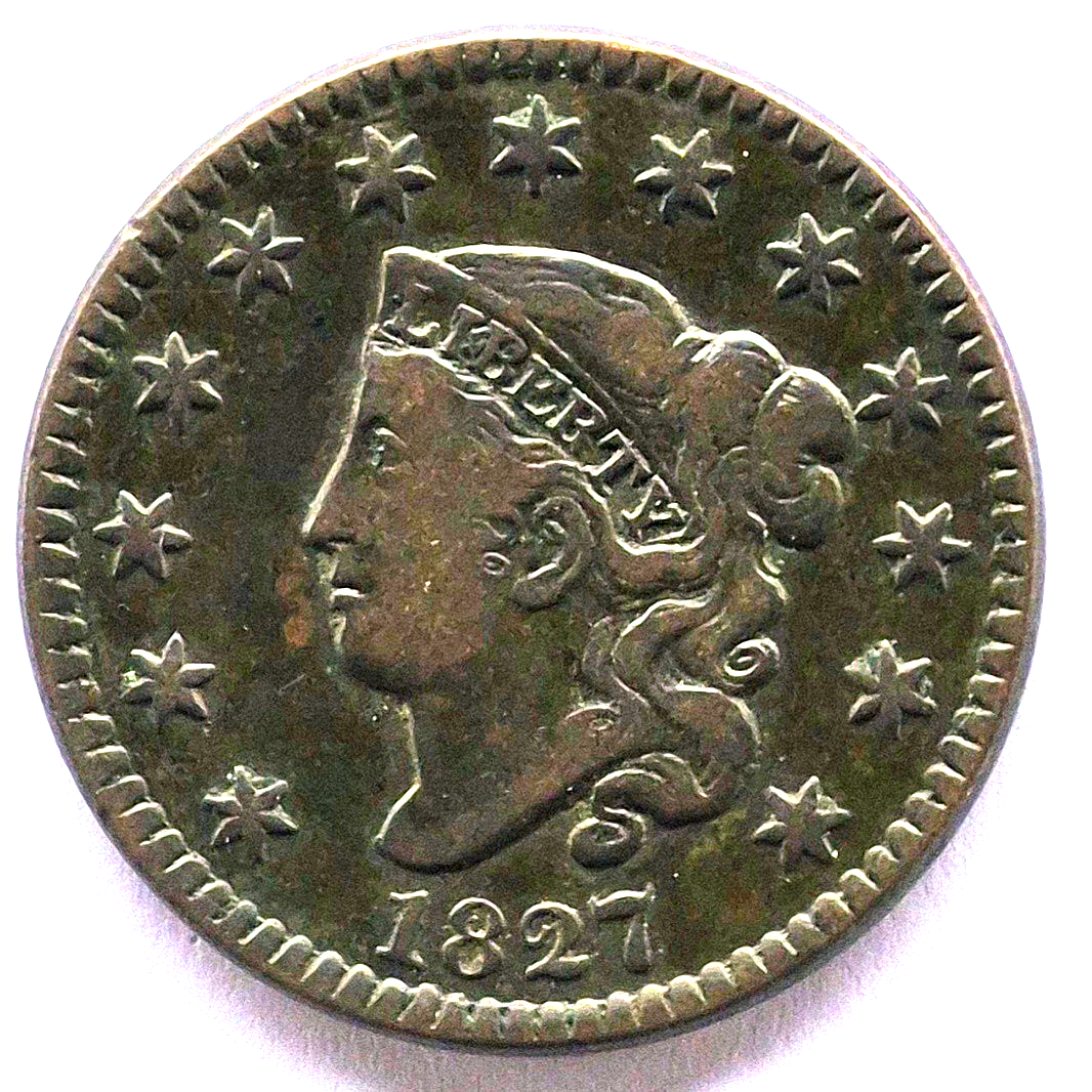 1827 Coronet Head Large Cent N11, Double Foot T, Strong VF+ Features 1C GSID 940