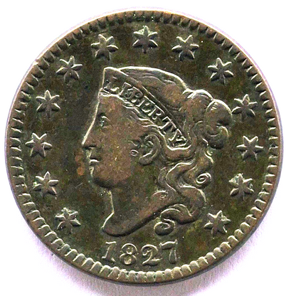 1827 Coronet Head Large Cent N11, Double Foot T, Strong VF+ Features 1C GSID 940