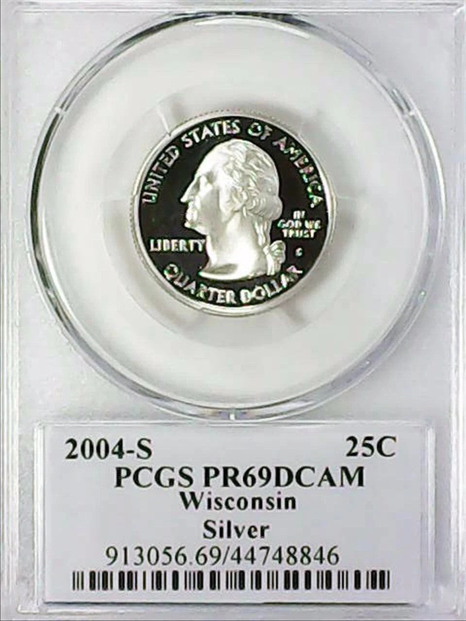 ✅ 2004-S Wisconsin 90% SILVER Washington Quarter ~PCGS PR69DCAM State Flag Label
