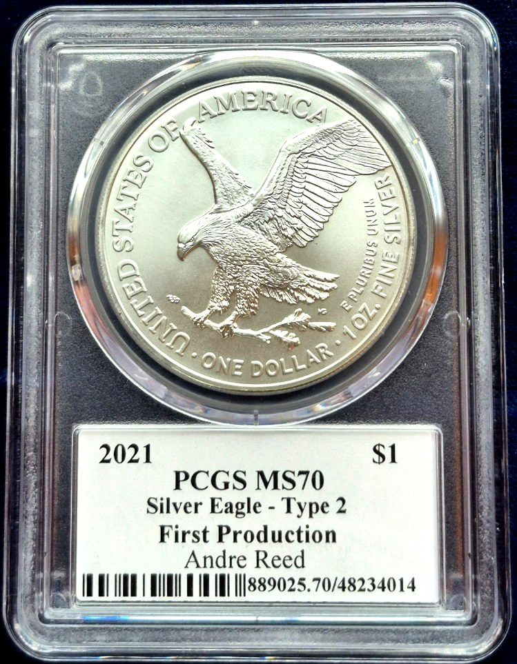 2021 PCGS MS70 Type 2 First Production Silver Eagle, Andre Reed HAND AUTOGRAPHED