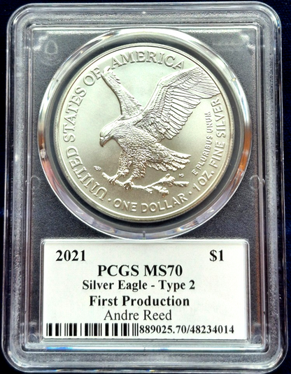 2021 PCGS MS70 Type 2 First Production Silver Eagle, Andre Reed HAND AUTOGRAPHED