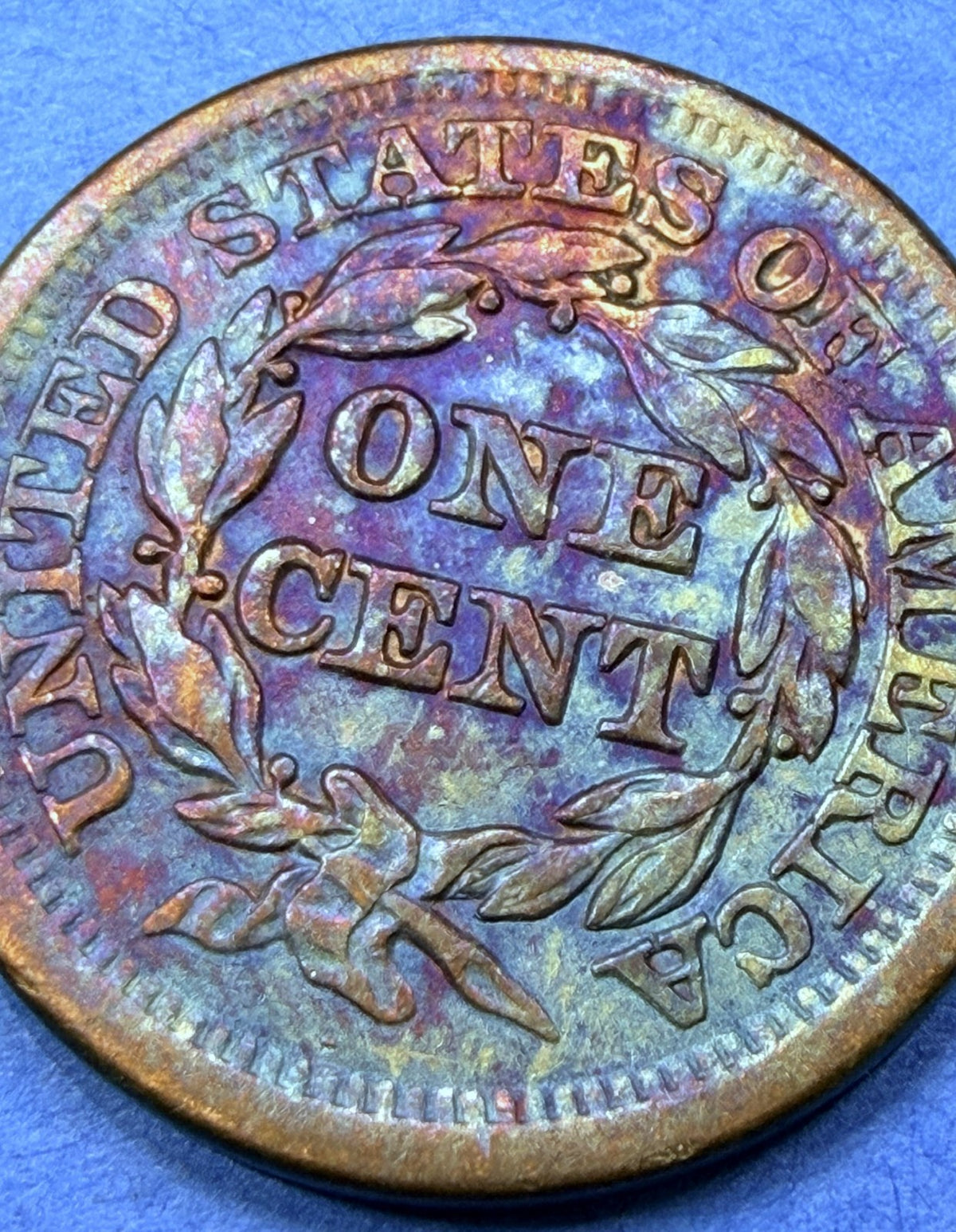1854 Braided Hair Large Cent 1C XF Super Rainbow Toner Blue Peach Purple Toning
