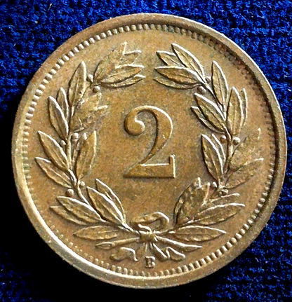 1936 B Switzerland 2 Rappen Bronze Coin AU-MS Features Low 500K Mintage KM#4.2a