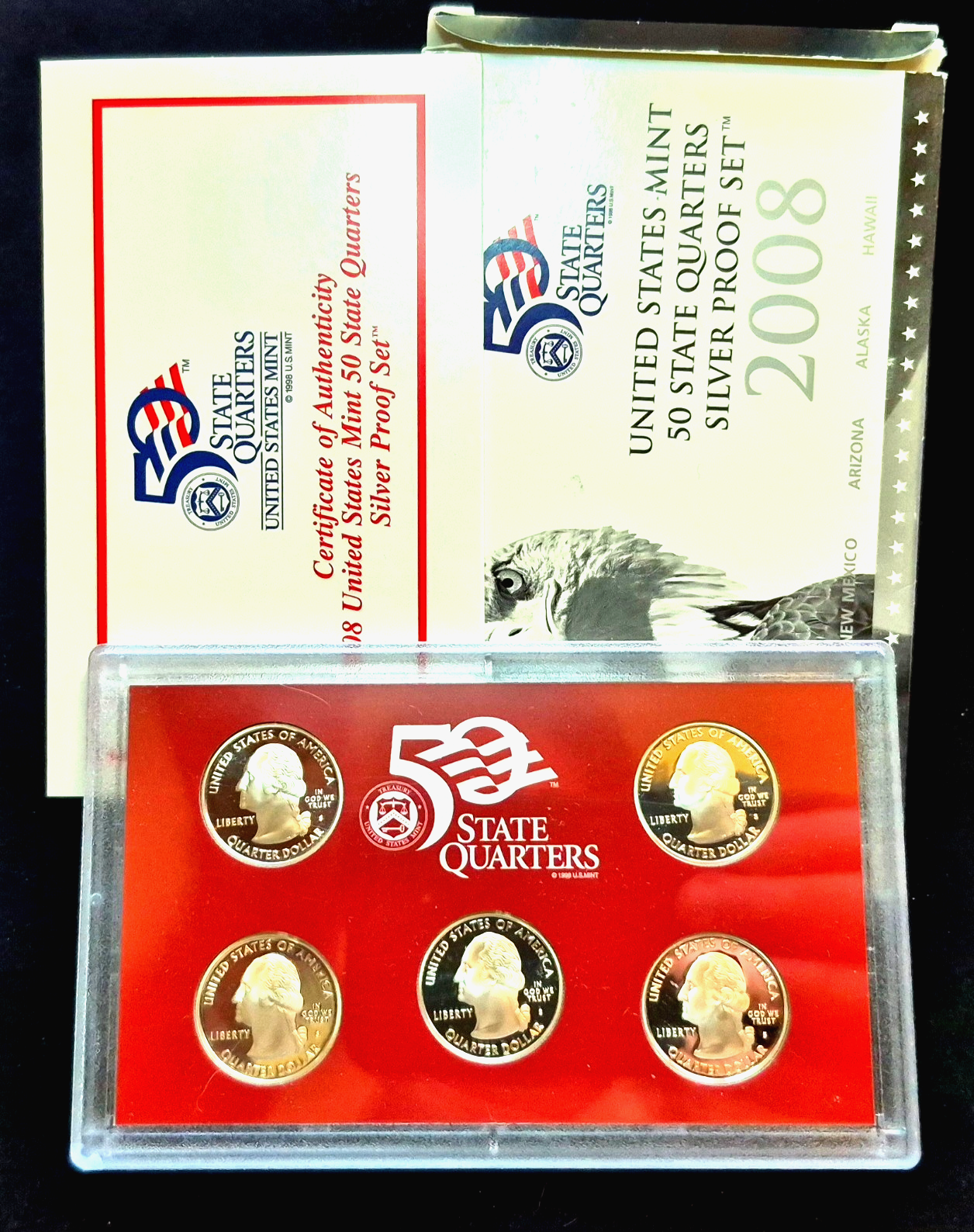 2008 S ATB PROOF SILVER STATE QUARTERS SET OK, NM , AZ, AK & HI WITH BOX & COA