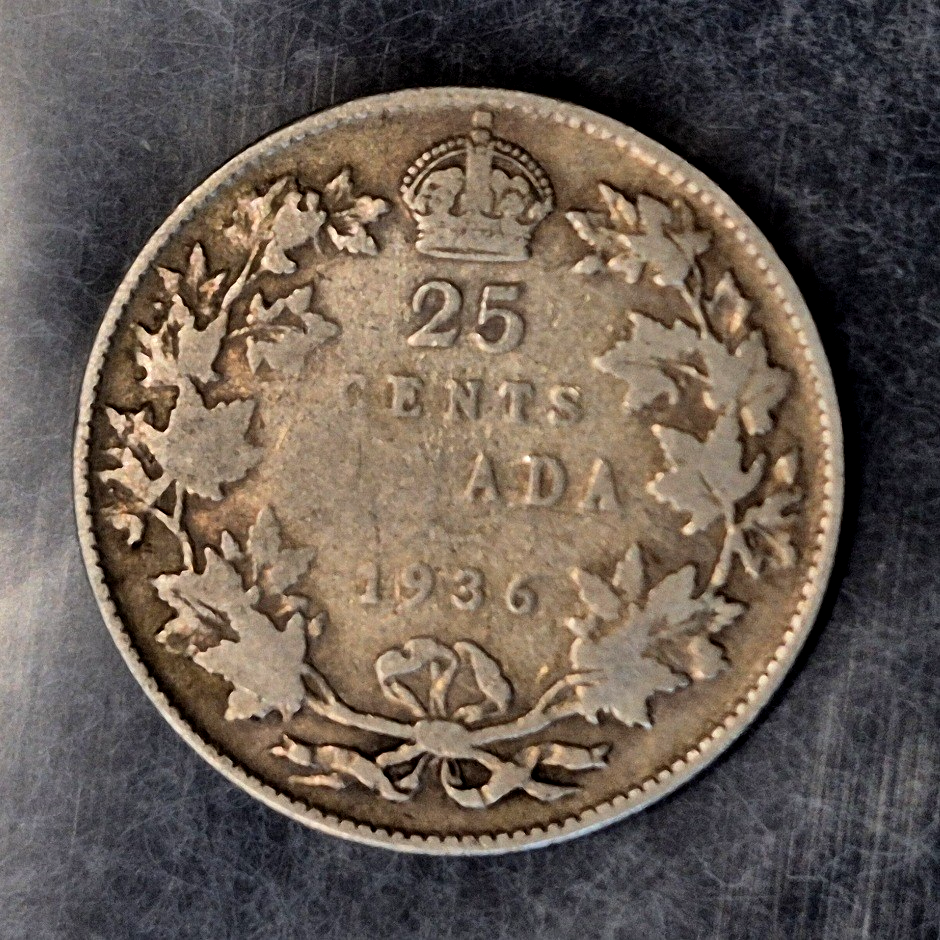 1936 Canada 25 Cents Quarter George V 80% Silver Last Year of Type KM24a Good-VG