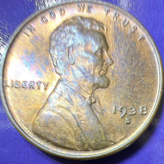 TONER! 1938-S Lincoln Wheat Cent Penny AU-BU San Francisco Mint US Coin