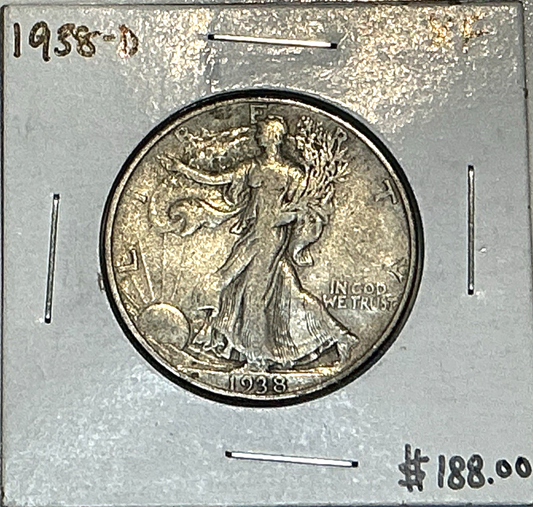 1938 D Denver Mint Walking Liberty 90% Silver Half Dollar Key Date Coin