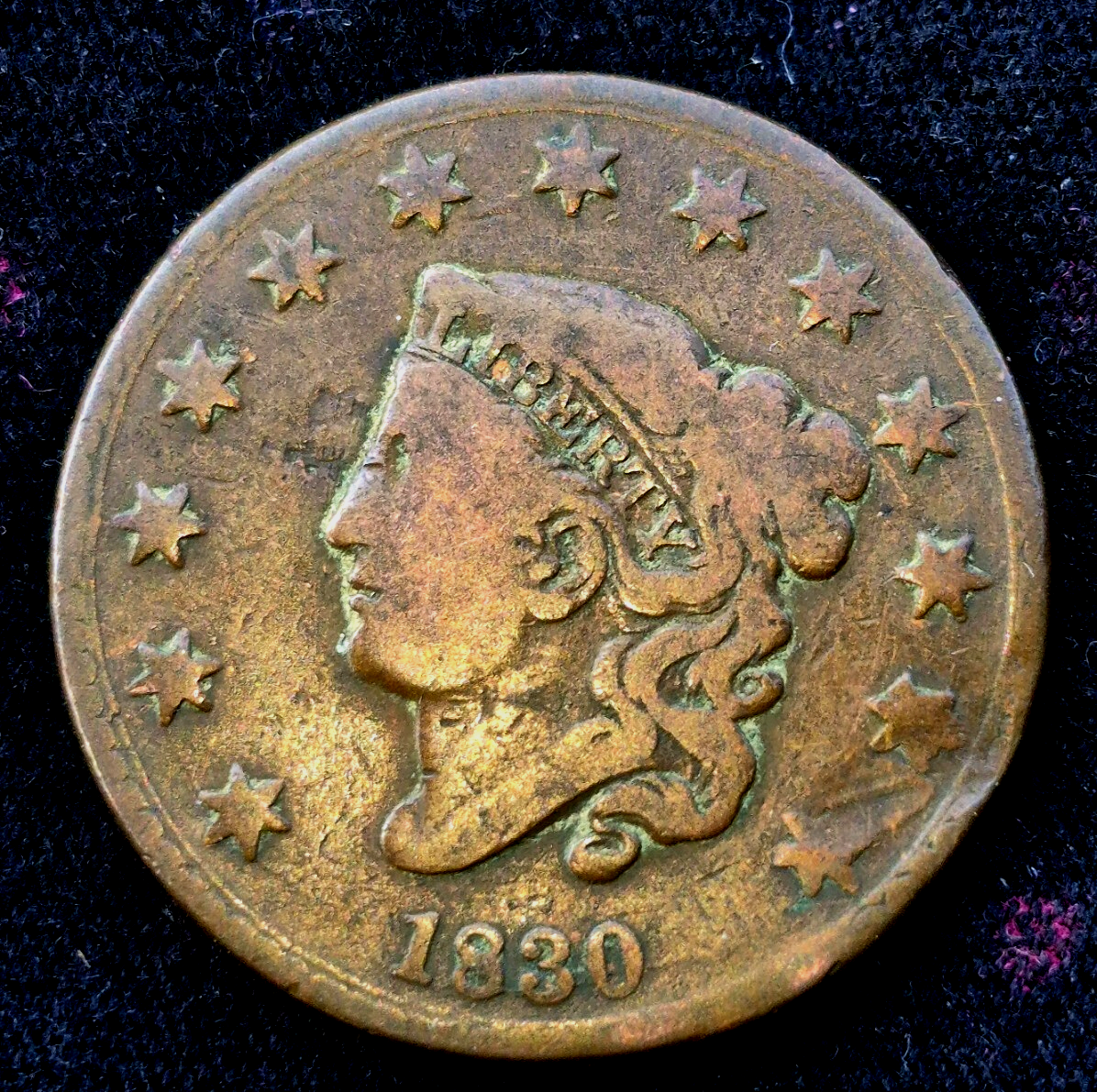 1830 Coronet Head Cent Matron Lg Letters Full Liberty N4 R2 F-VF Features 1C