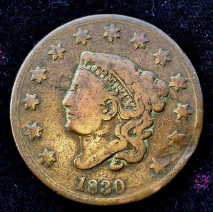 1830 Coronet Head Cent Matron Lg Letters Full Liberty N4 R2 F-VF Features 1C