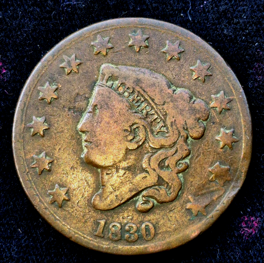 1830 Coronet Head Cent Matron Lg Letters Full Liberty N4 R2 F-VF Features 1C