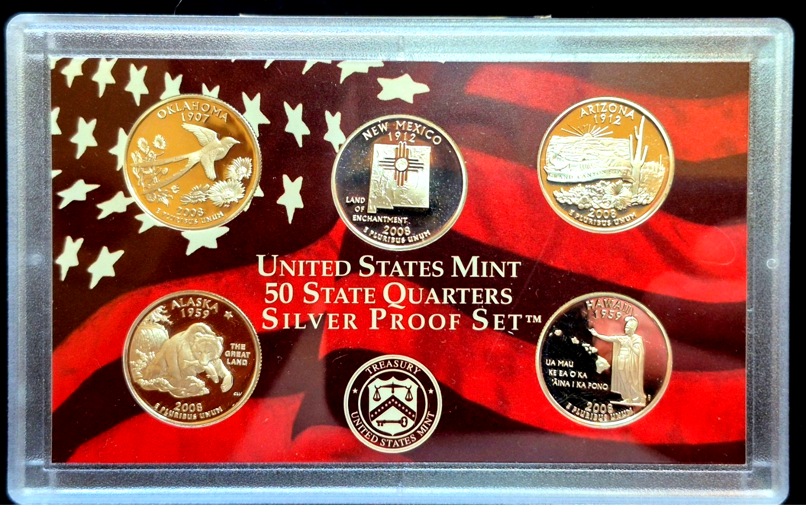 2008 S ATB PROOF SILVER STATE QUARTERS SET OK, NM , AZ, AK & HI WITH BOX & COA