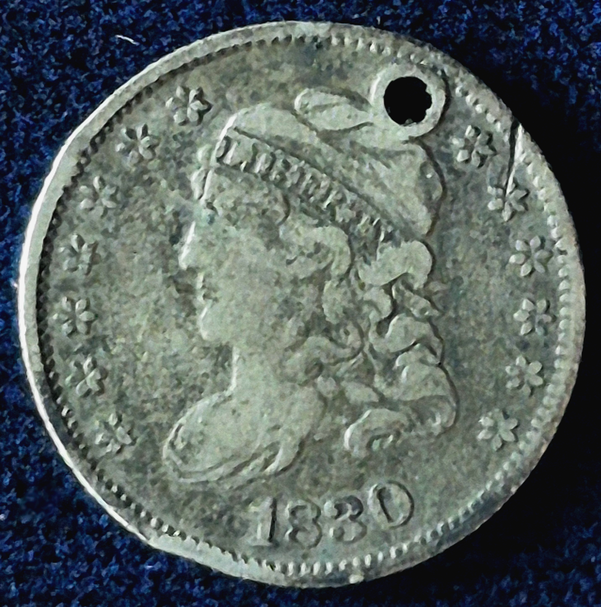 1830 Capped Bust Half Dime .8924 Silver, VF+ Features -Holed -US Early R- 4.5