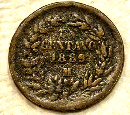 1889 Mo KEY Date Mexico Mexican Large 1 Cent Un Centavo VG Features