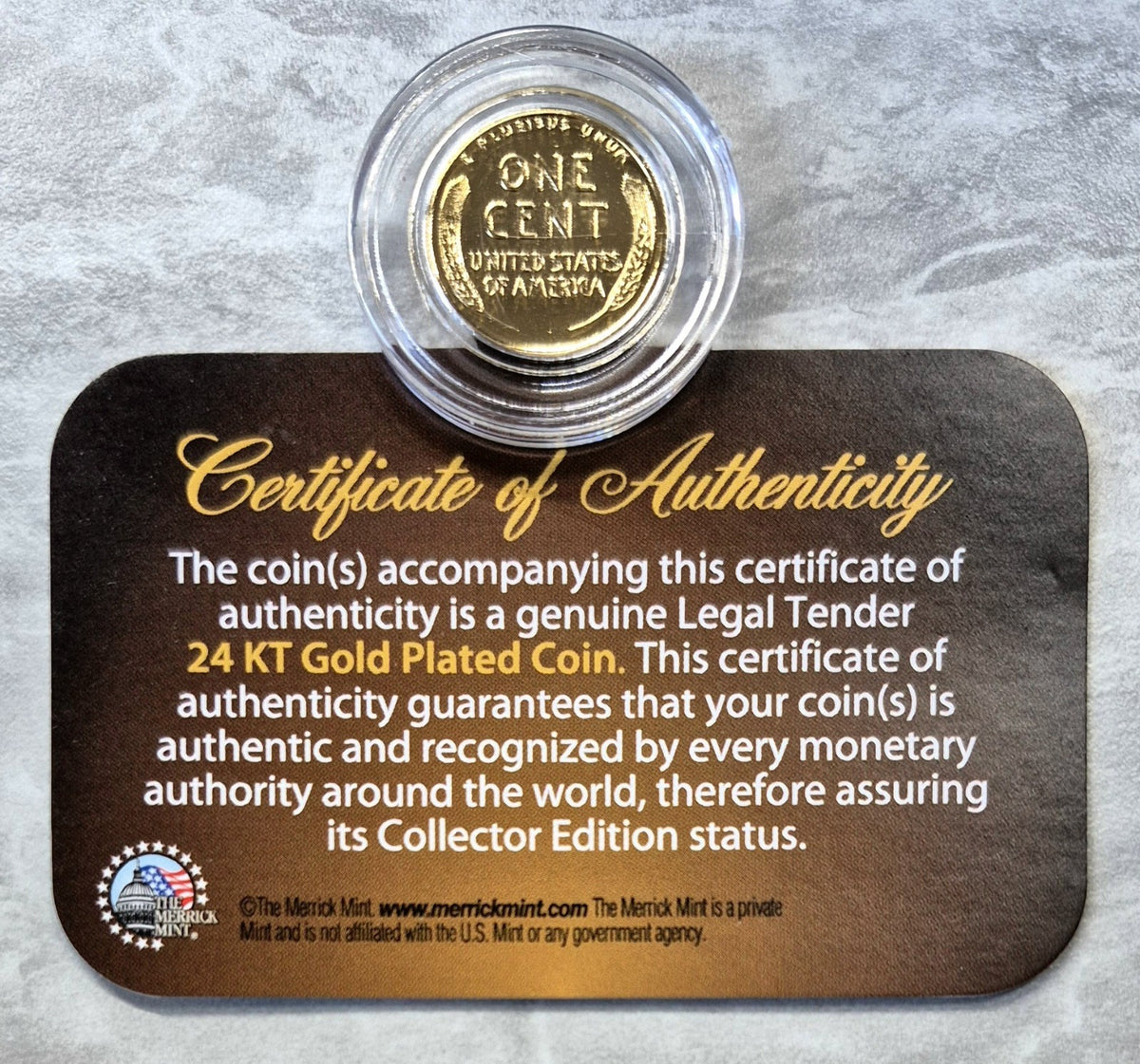 1943-D Lincoln Steel Wheat Cent 24K Gold Plated WWII Penny Capsule & COA Card