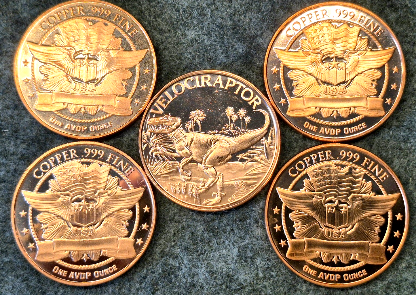 DINOSAUR SERIES (5) Coin Lot 1 oz. .999 AVDP COPPER ROUNDS "Wings & Flag" Backs