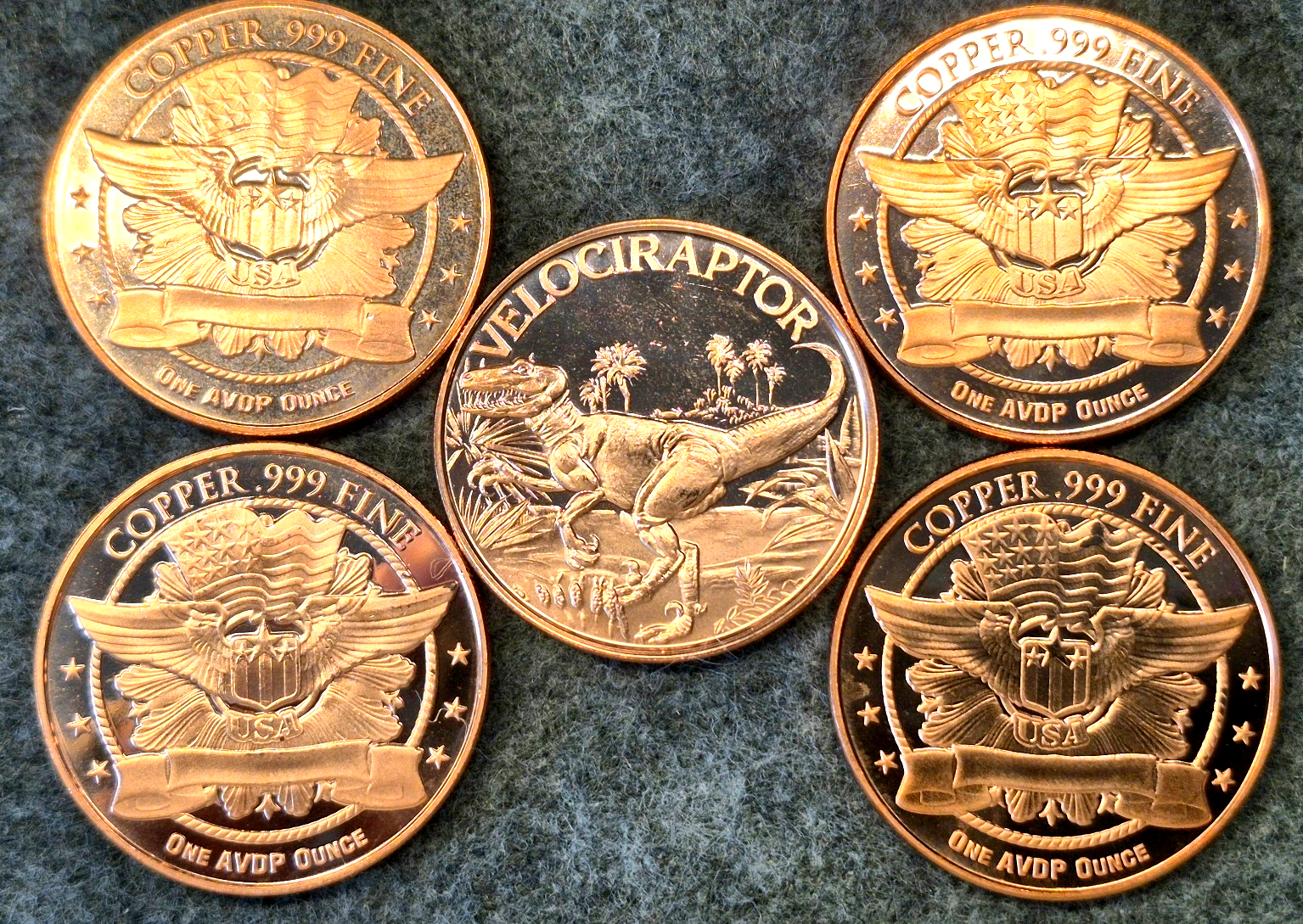 DINOSAUR SERIES (5) Coin Lot 1 oz. .999 AVDP COPPER ROUNDS "Wings & Flag" Backs