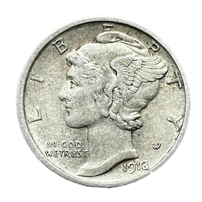 1918-D Mercury 90% SILVER Dime G-VG+ (Good -V Good) Average Circulated Condition