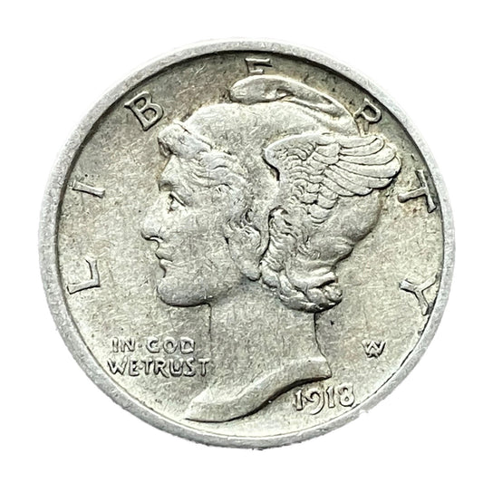 1918-D Mercury 90% SILVER Dime G-VG+ (Good -V Good) Average Circulated Condition