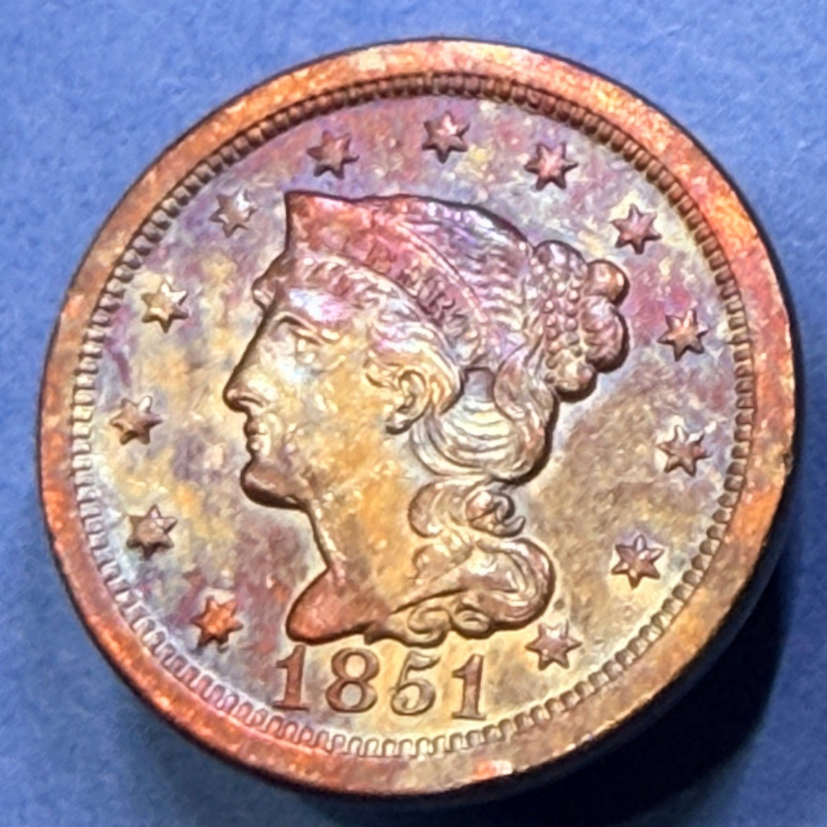 1851 Braided Hair Large Cent 1C XF-AU Rainbow Toned Copper Penny US Coin