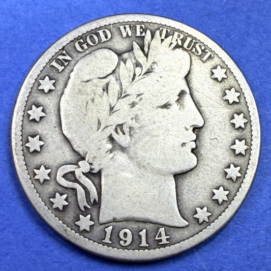 1914-S Barber Half Dollar 50C VG Low Mintage 992,000 San Francisco 90% Silver